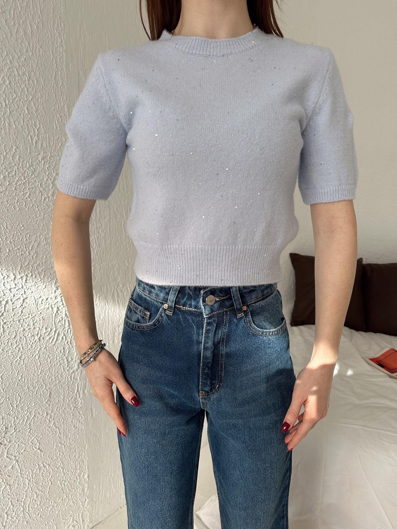 Kısa Kol Pullu Simli Triko MAVİ