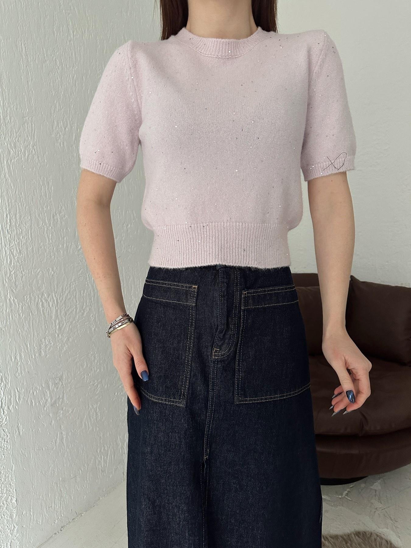 Kısa Kol Pullu Simli Triko PEMBE