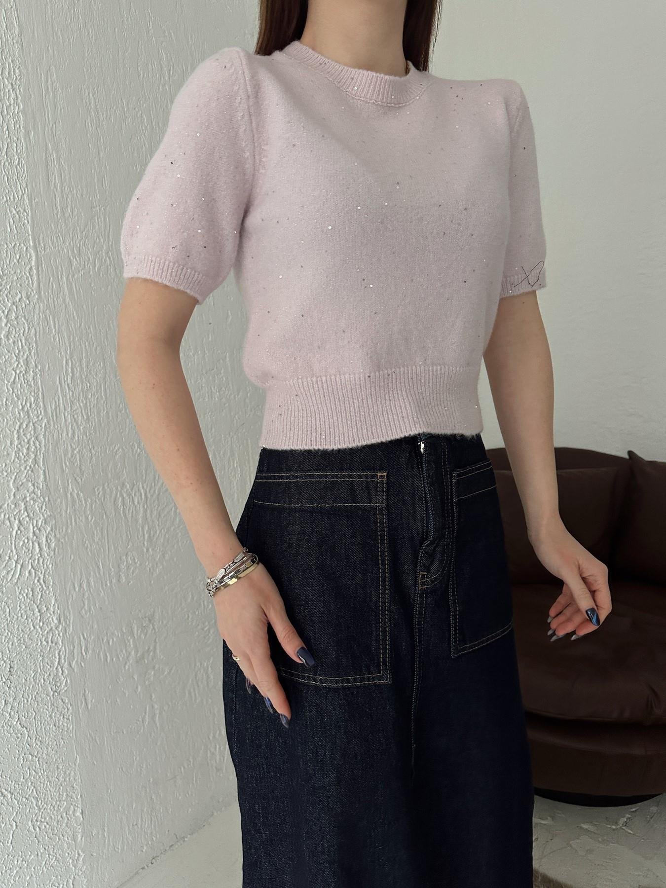 Kısa Kol Pullu Simli Triko PEMBE