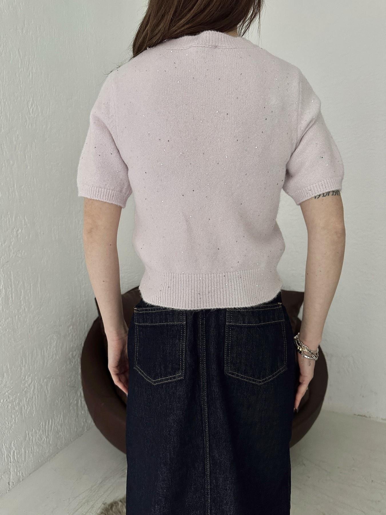 Kısa Kol Pullu Simli Triko PEMBE