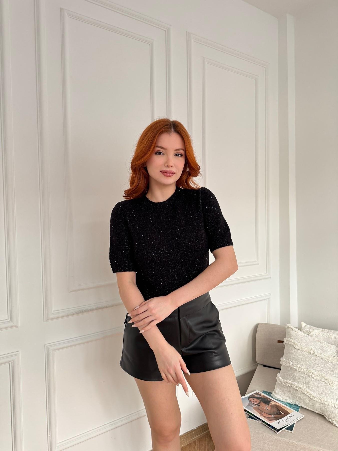 Kısa Kol Pullu Simli Triko Siyah