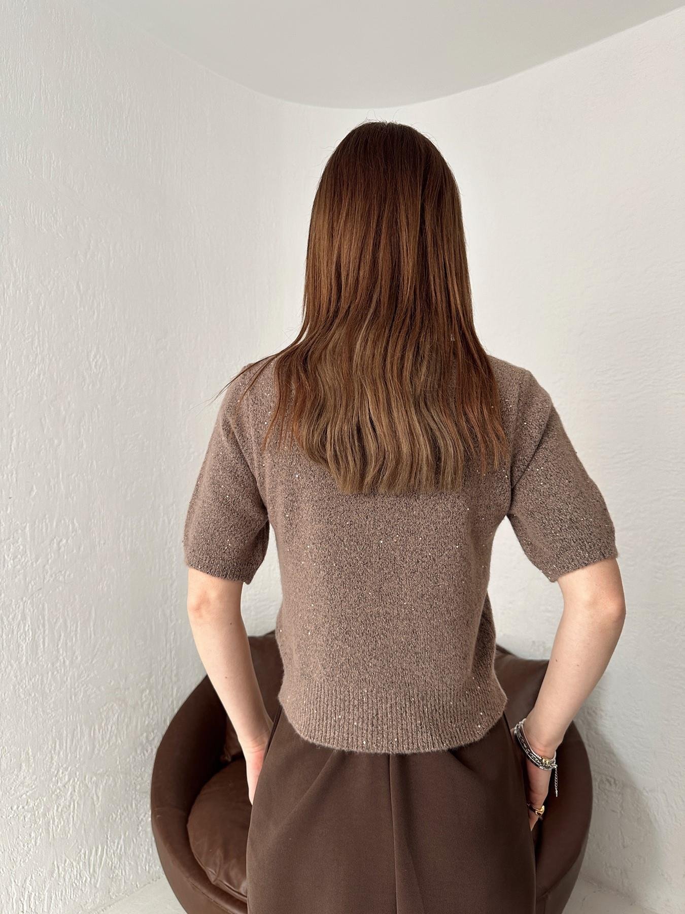 Kısa Kol Pullu Simli Triko VİZON