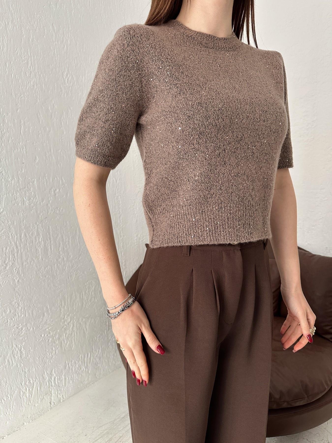 Kısa Kol Pullu Simli Triko VİZON