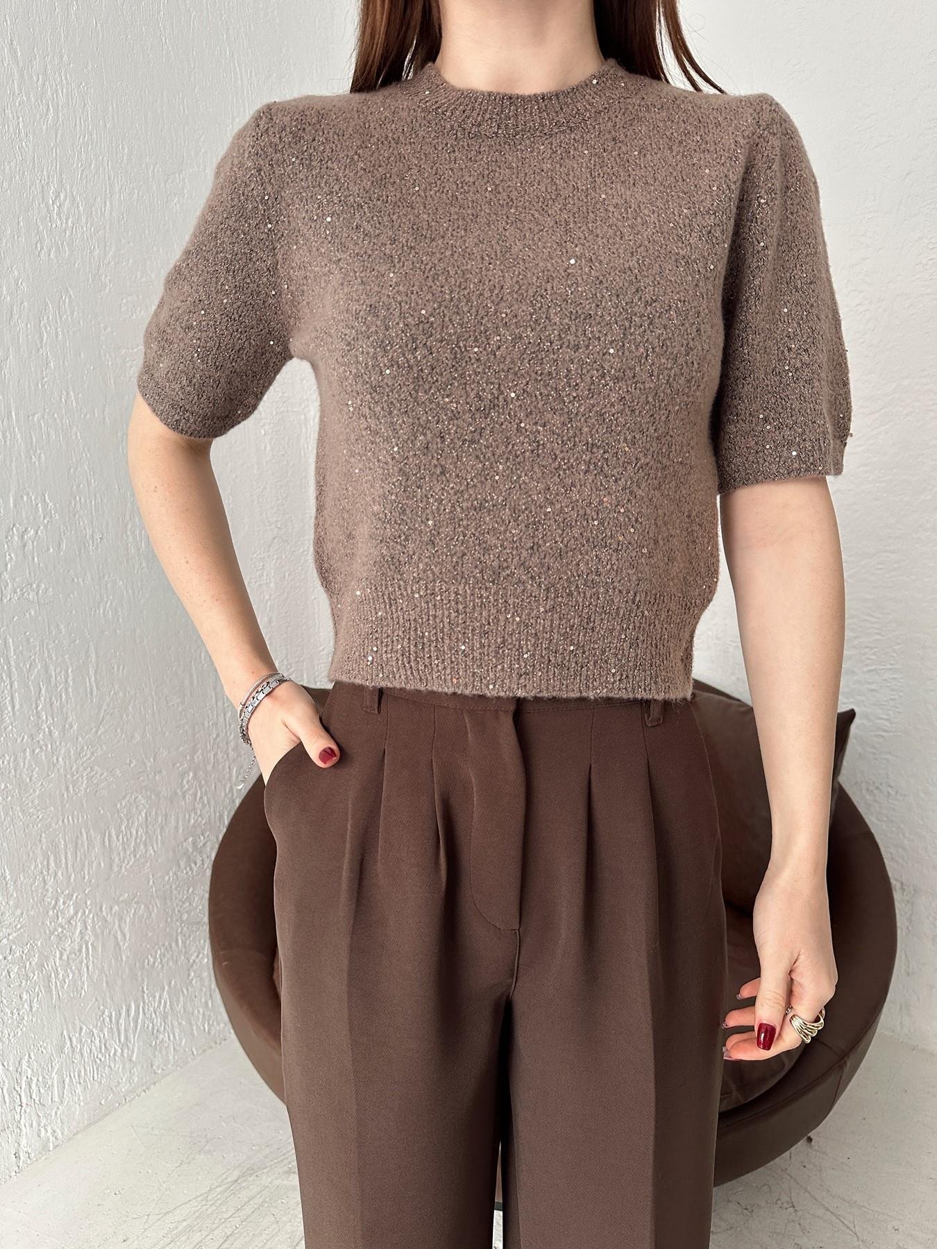 Kısa Kol Pullu Simli Triko VİZON