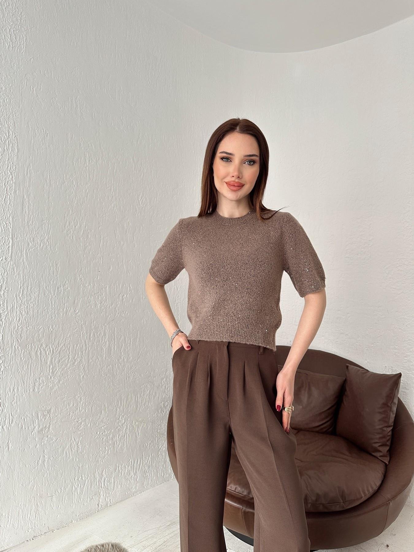 Kısa Kol Pullu Simli Triko VİZON