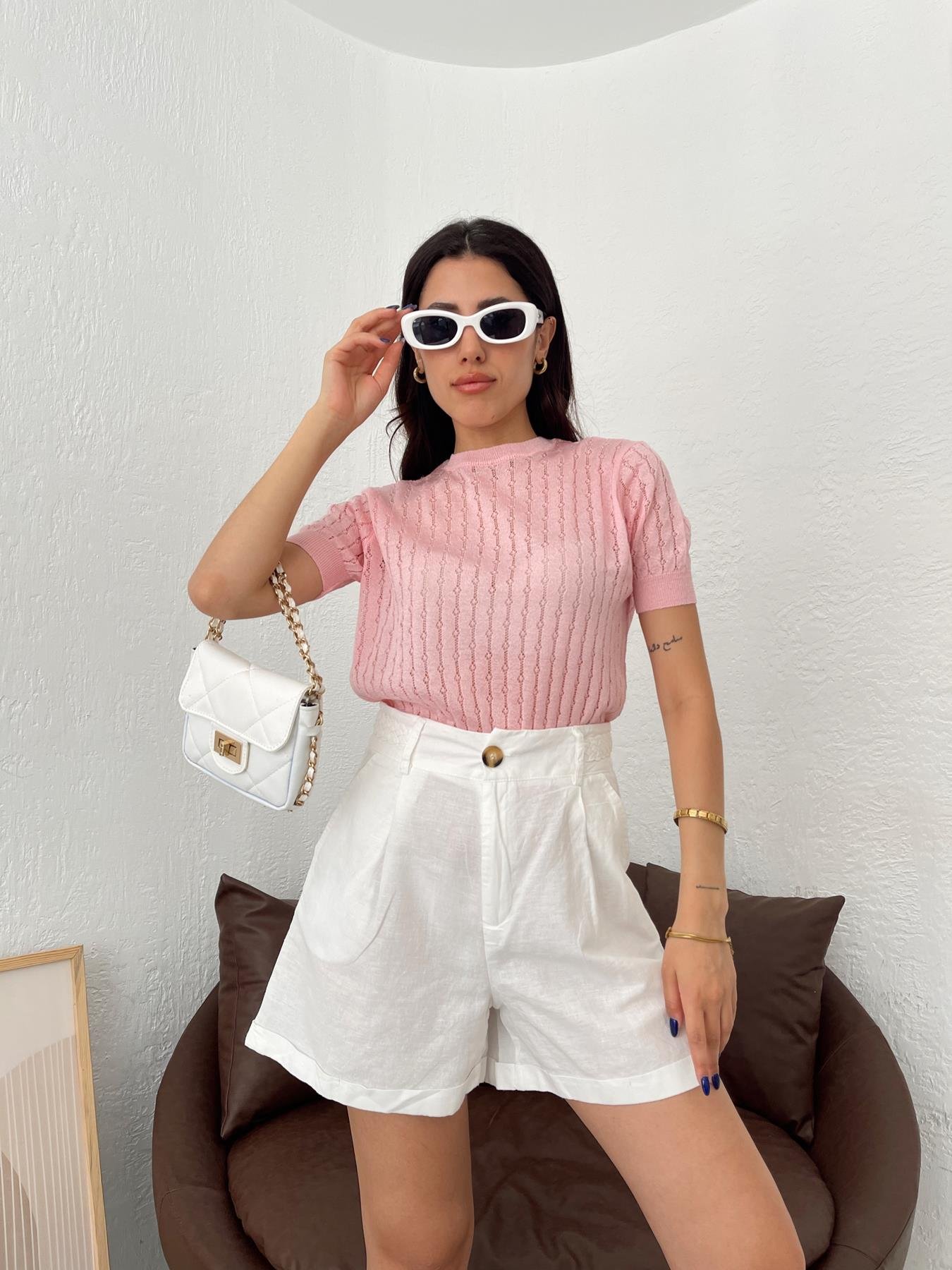 Kısa Kollu Ajurlu Triko PEMBE