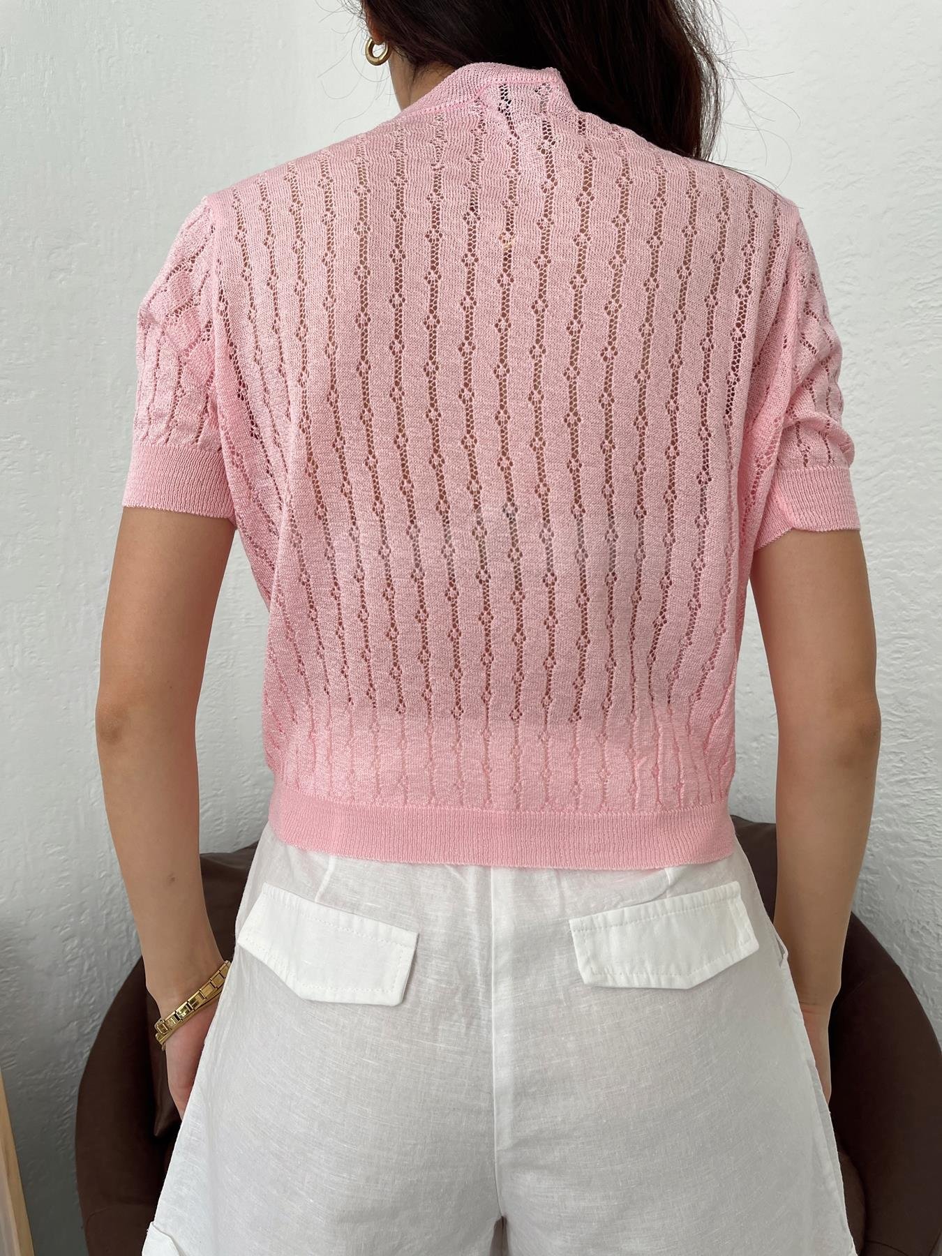 Kısa Kollu Ajurlu Triko PEMBE