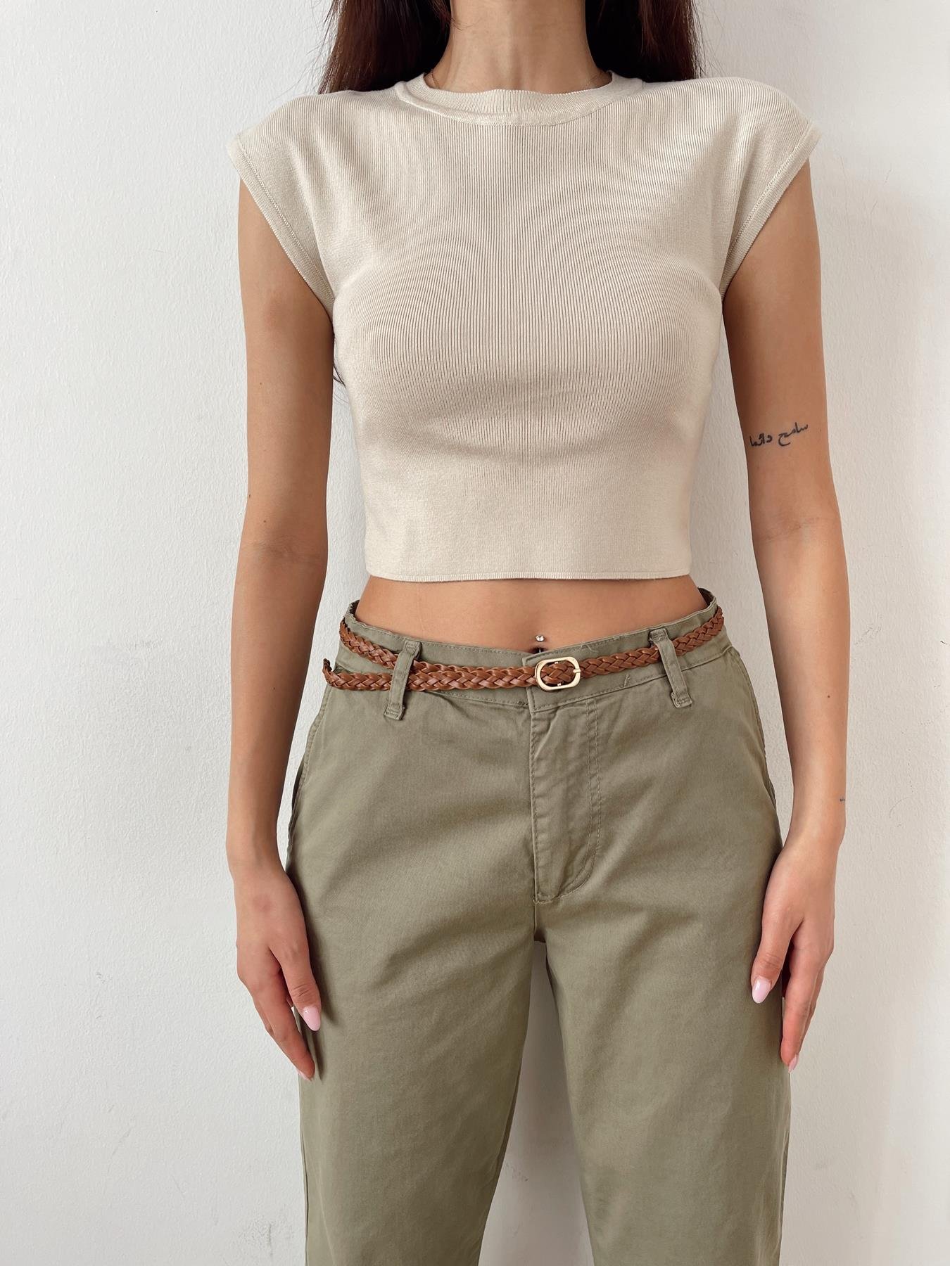 Kısa Kollu Crop Triko TAŞ