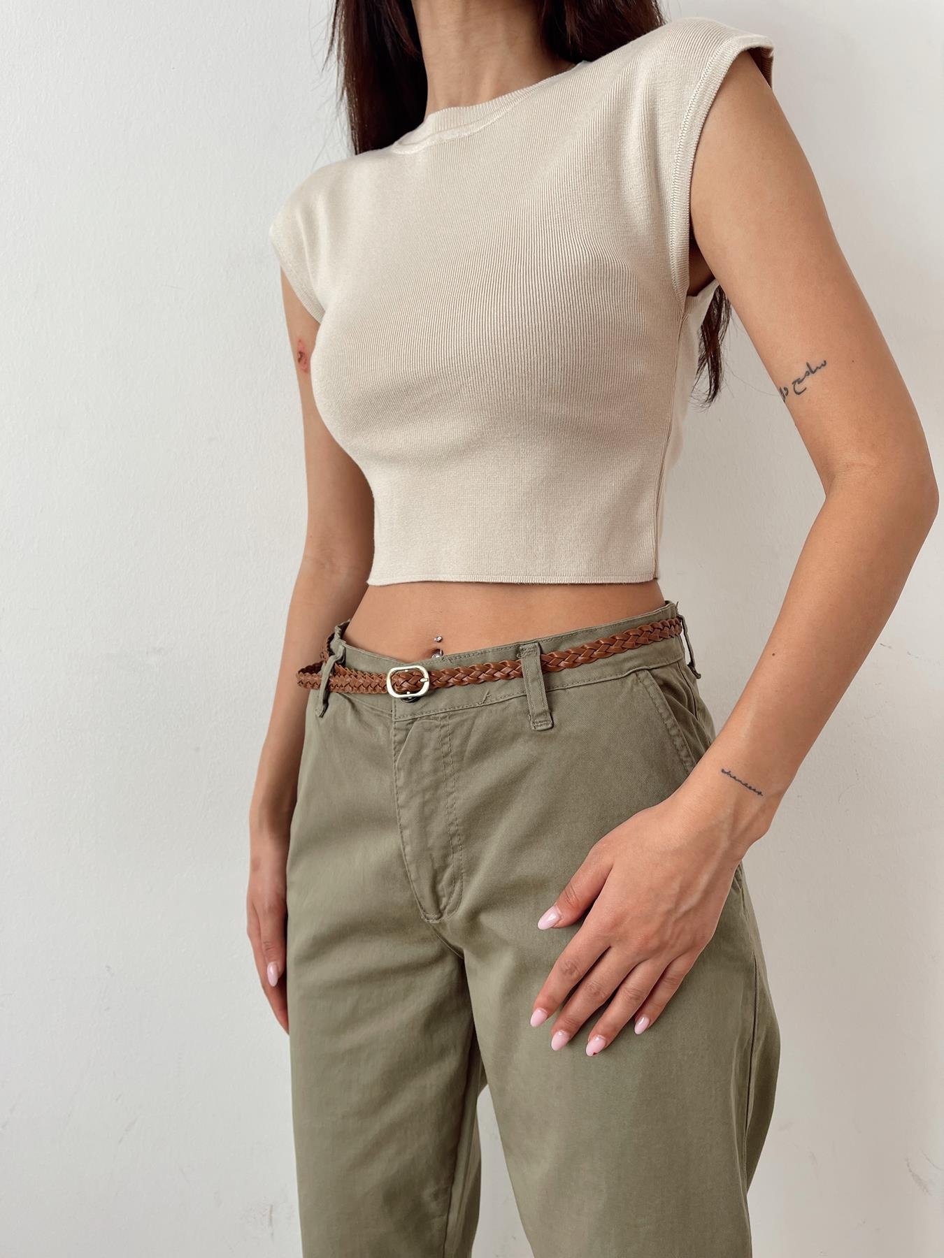 Kısa Kollu Crop Triko TAŞ