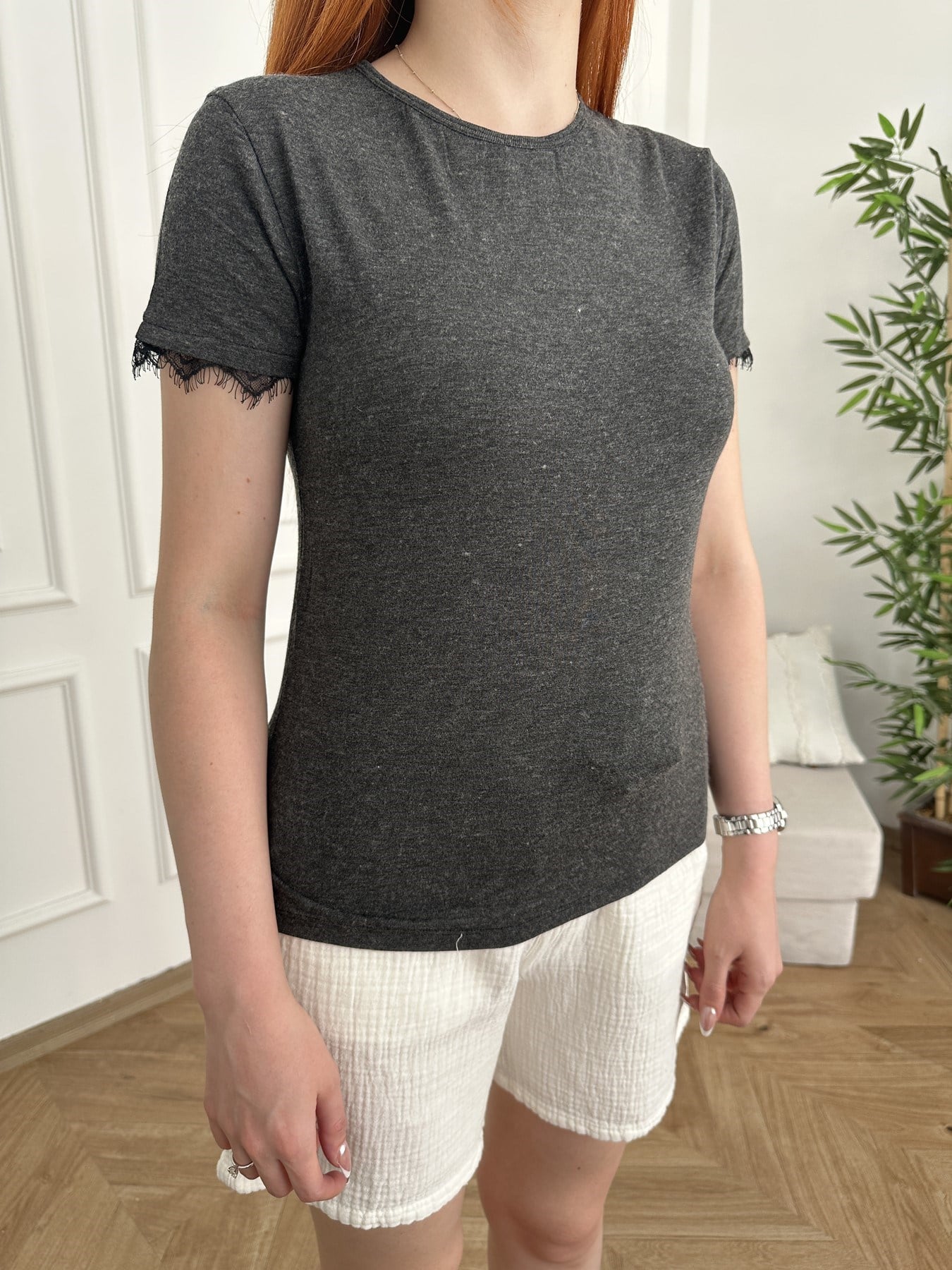 Kolları Dantel Detay T-shirt Antrasit