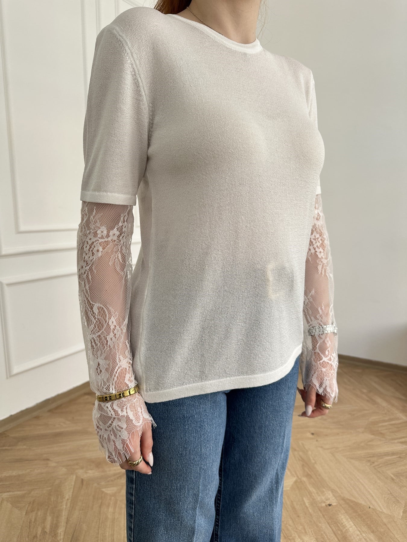 Kolları Dantel Detaylı Triko Ekru