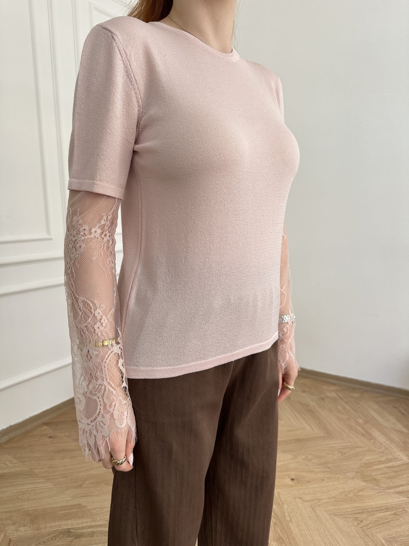 Kolları Dantel Detaylı Triko Pembe