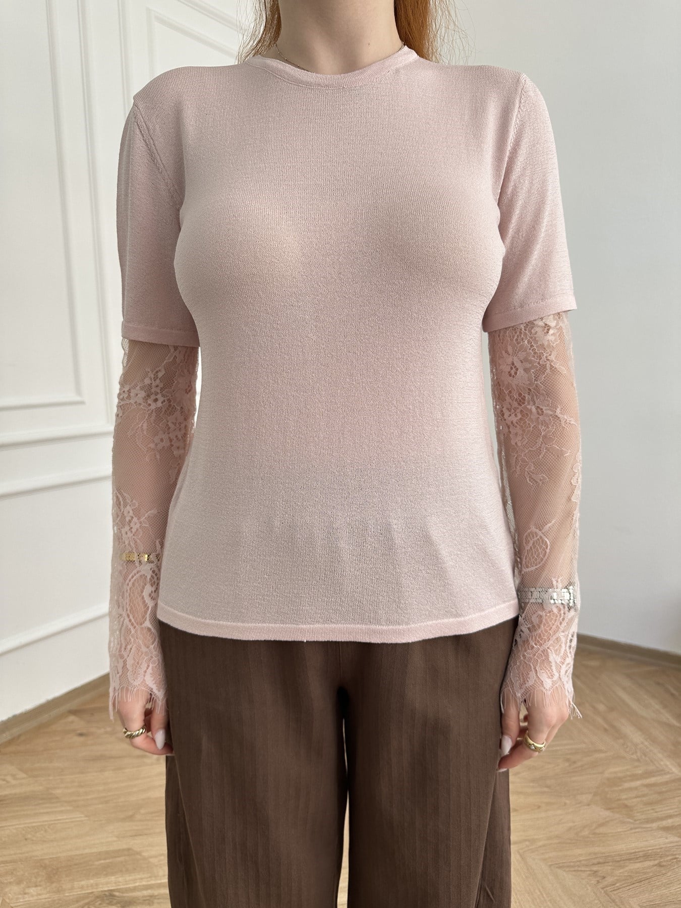 Kolları Dantel Detaylı Triko Pembe