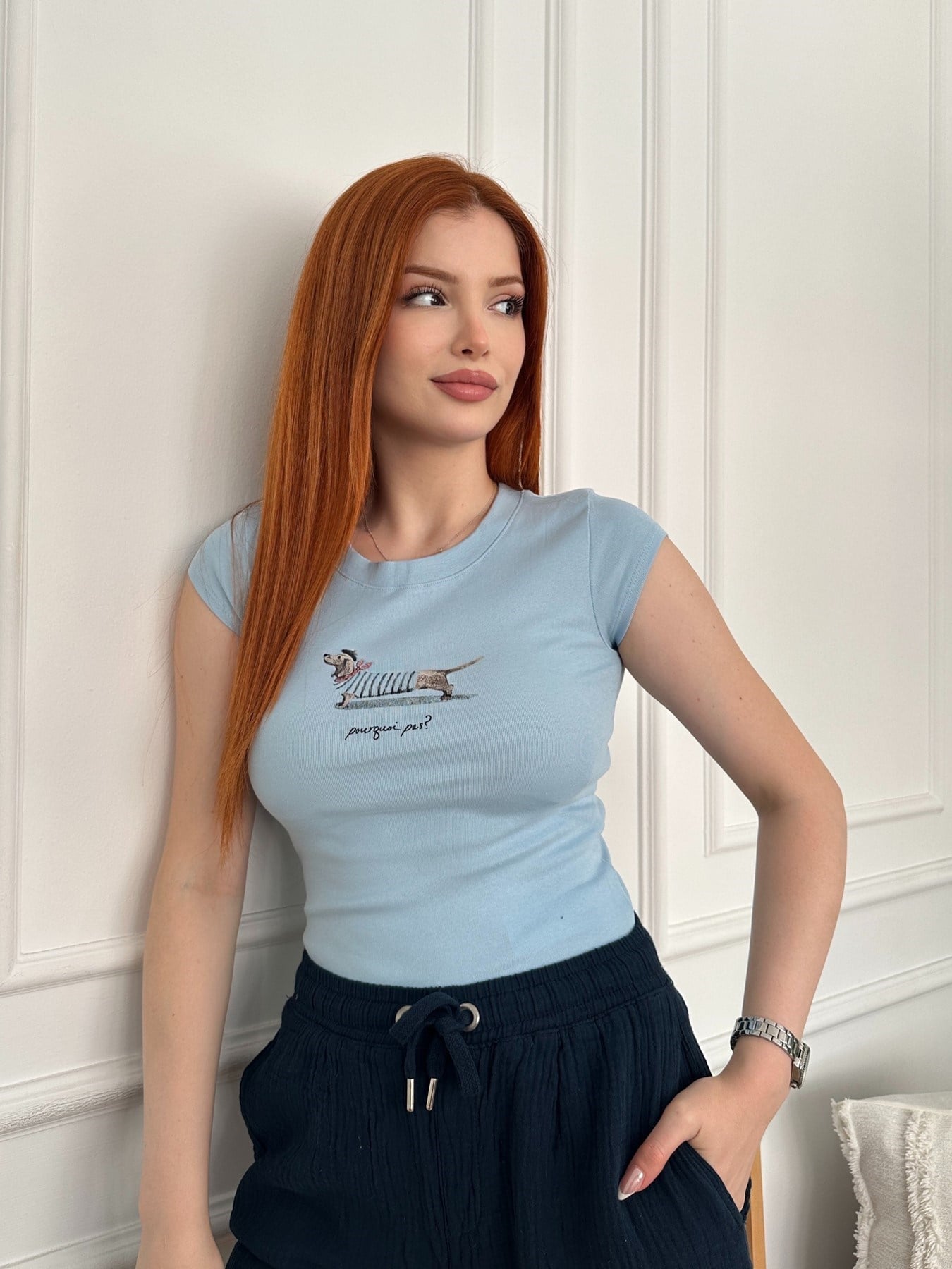 Köpek Baskılı Slim T-shirt Bebe mavi