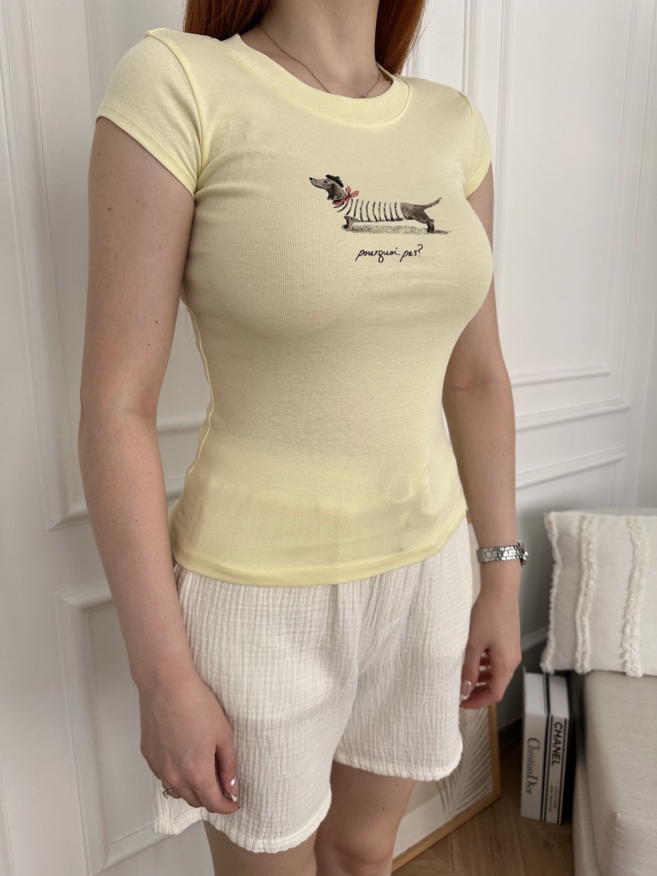 Köpek Baskılı Slim T-shirt Sarı