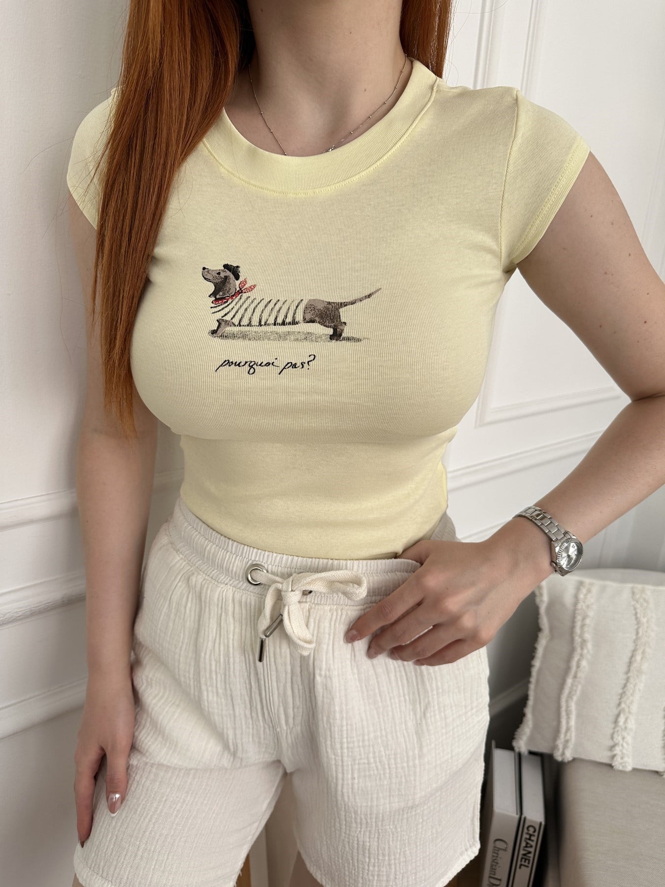 Köpek Baskılı Slim T-shirt Sarı