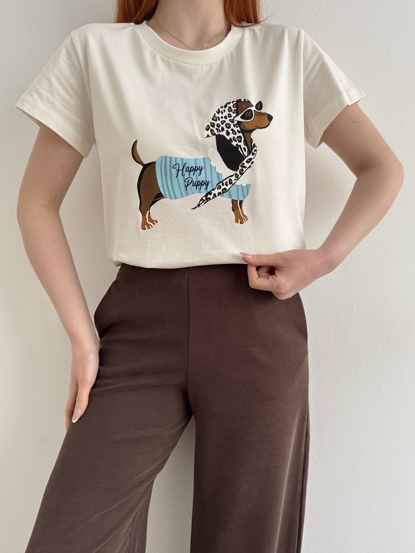 Köpek Baskılı T-shirt Ekru