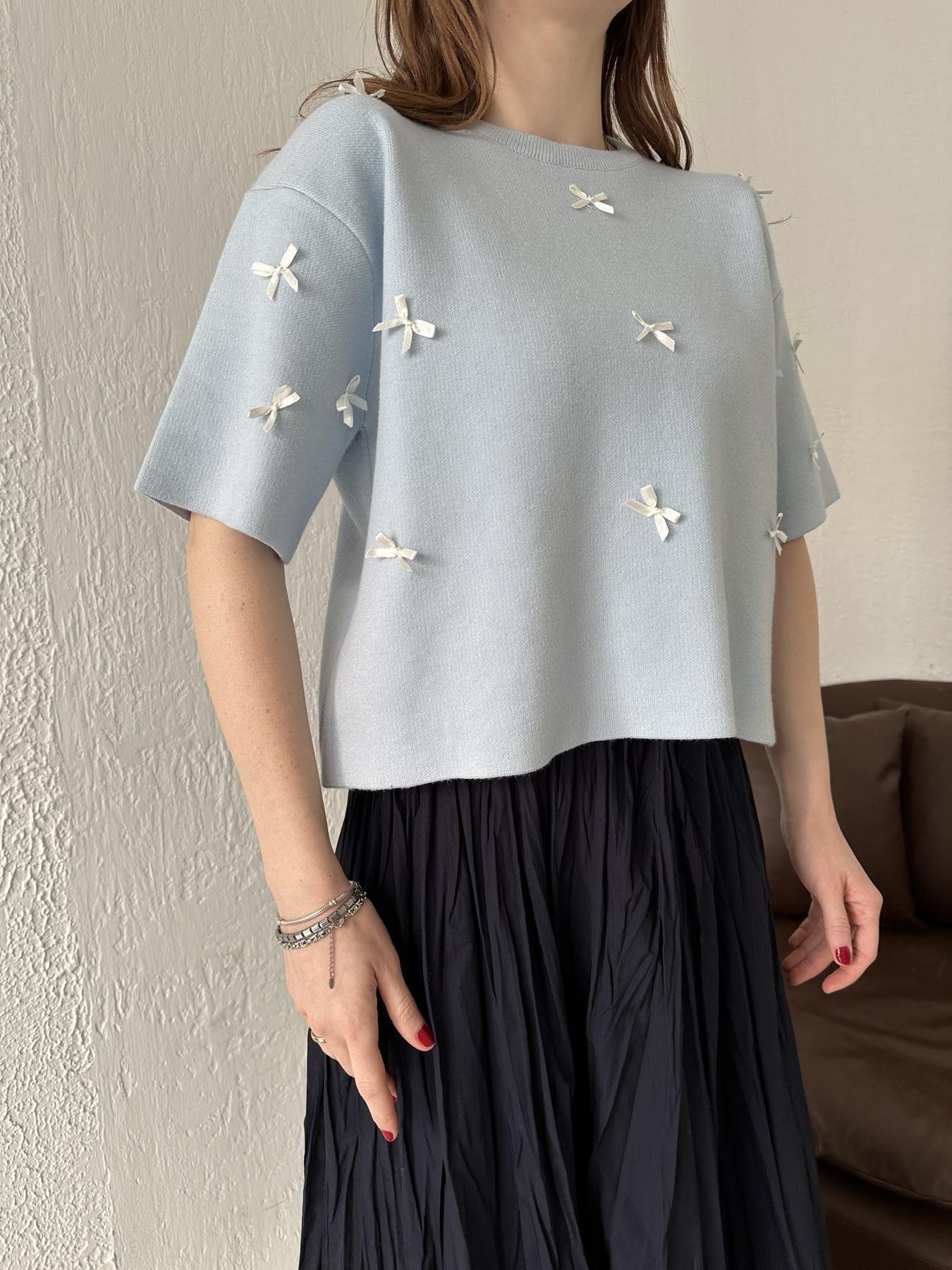 Kurdela Detay Kısa Kollu Triko BEBE MAVİ