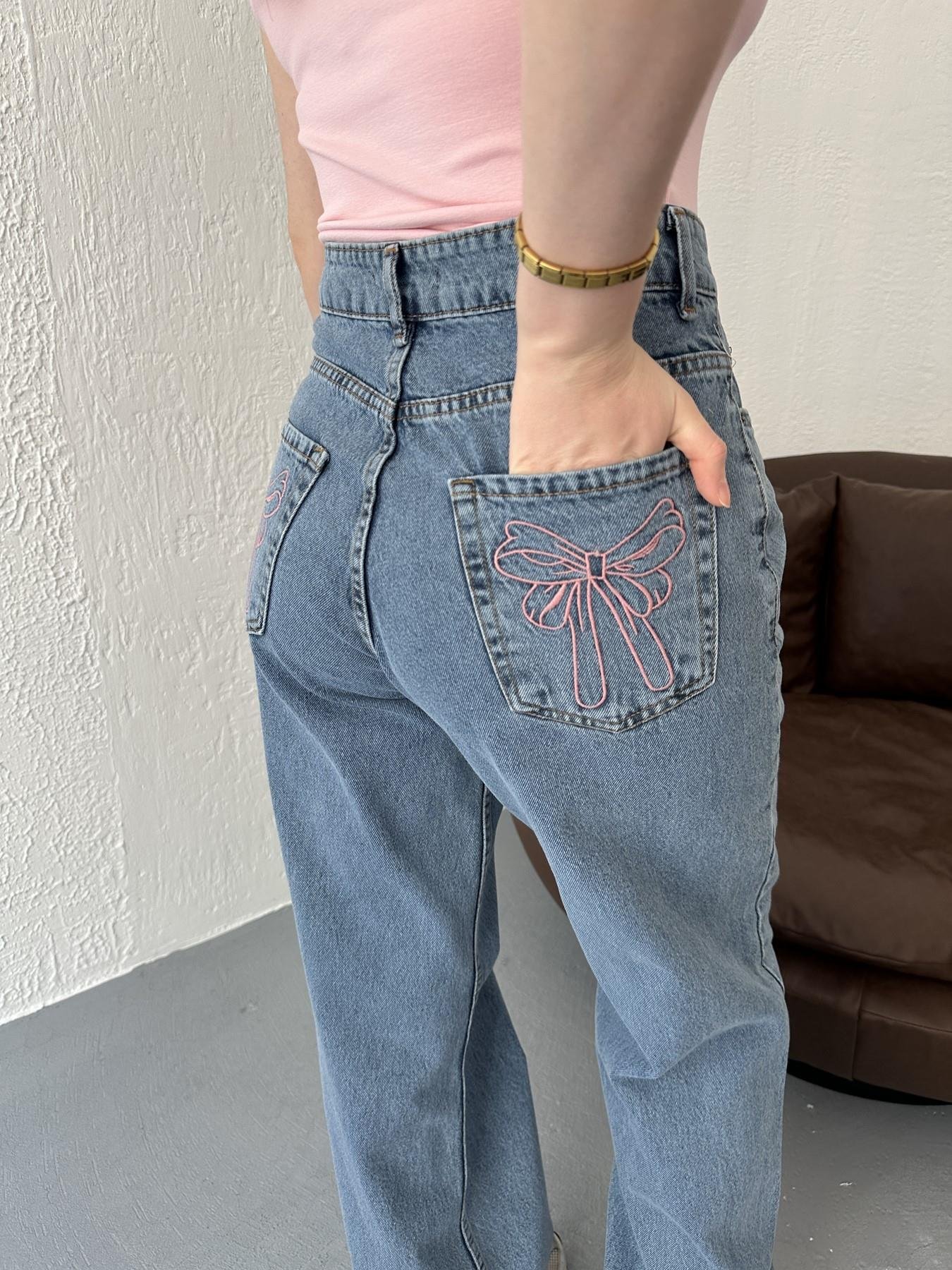Kurdele Nakışlı Jean Mavi