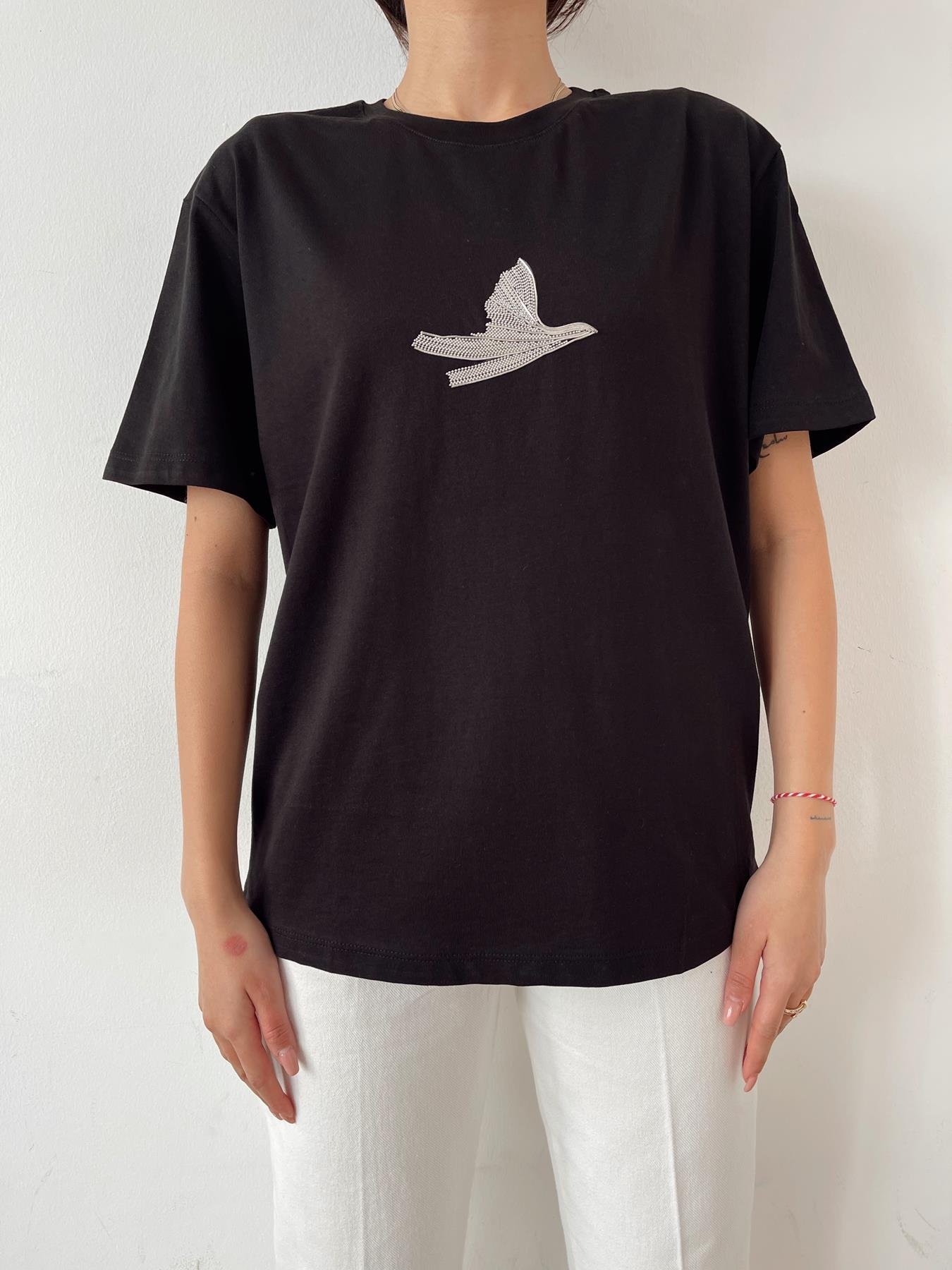 Kuş Detay Tişört SİYAH