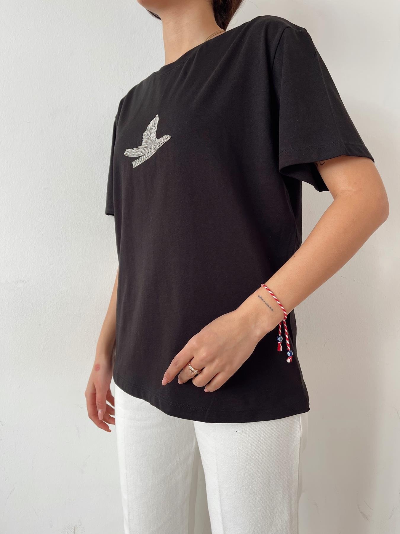 Kuş Detay Tişört SİYAH