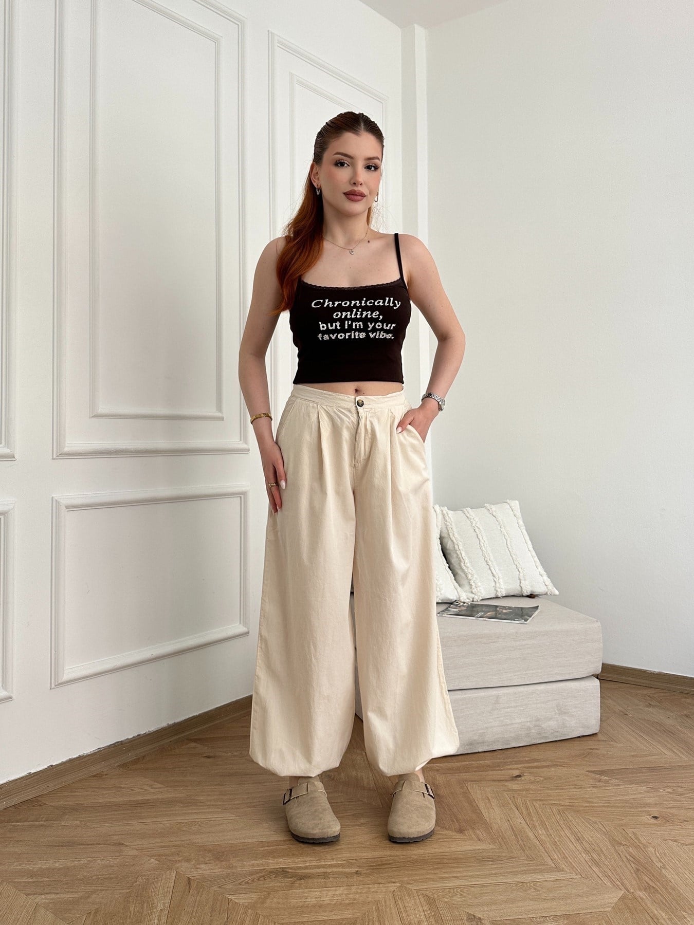 Lastikli Şalvar Pantolon Taş