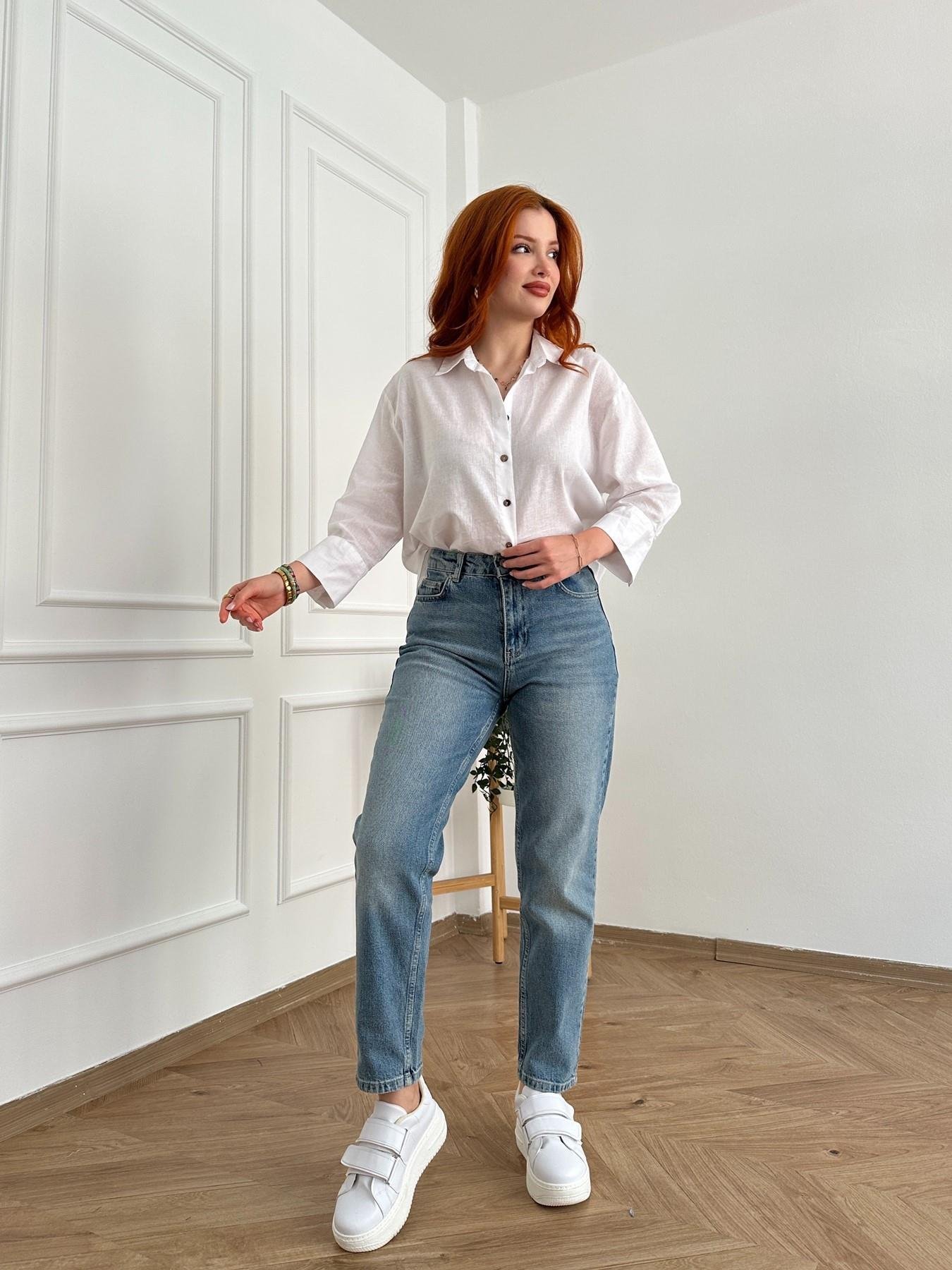 Lazer Yıkamalı Likralı Mom Jean Mavi