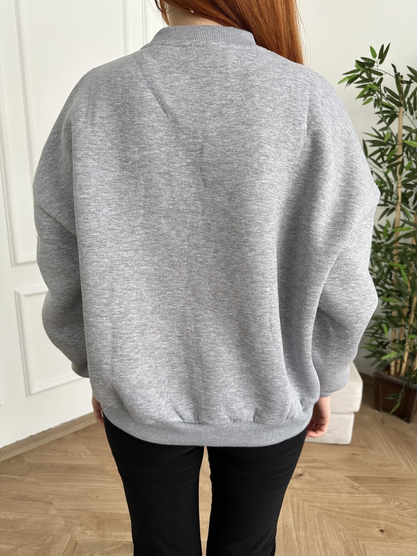Leopar Baskılı Nakışlı Sweatshirt Gri melanj