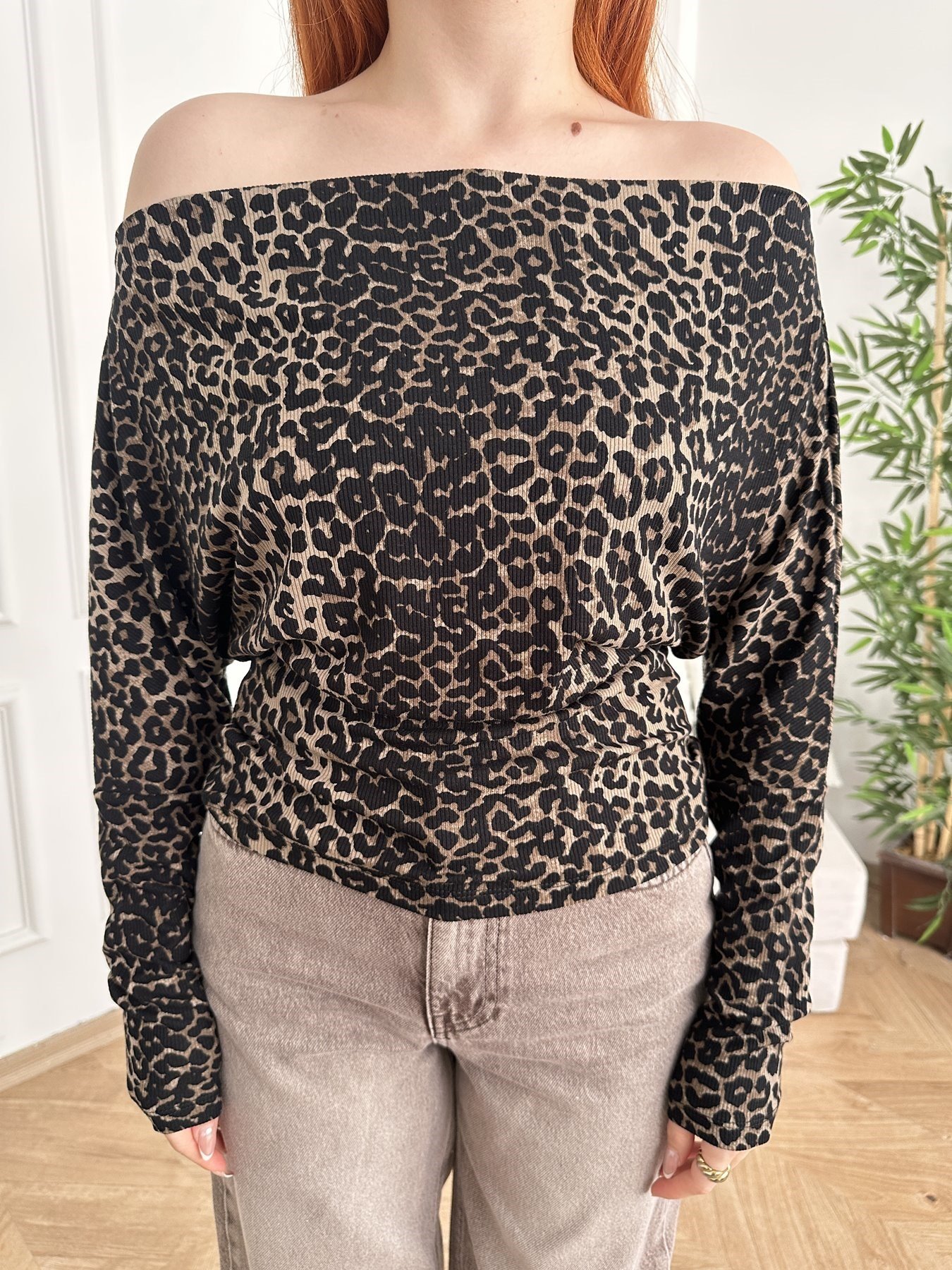 Leopar Desen Kayık Yaka Bluz Kahve-siyah