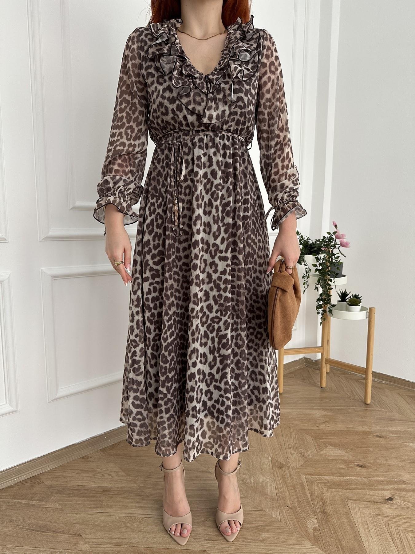 Leopar Desen Şifon Elbise Bej