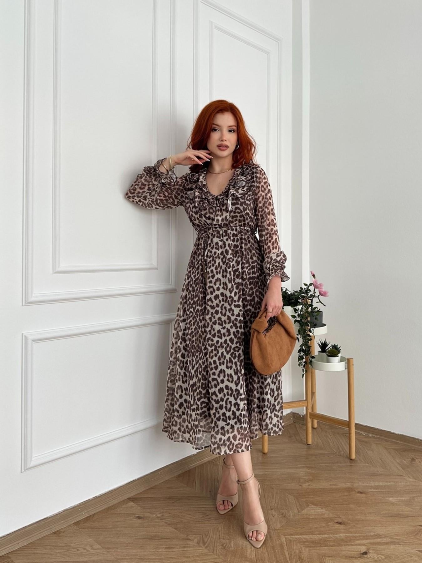Leopar Desen Şifon Elbise Bej