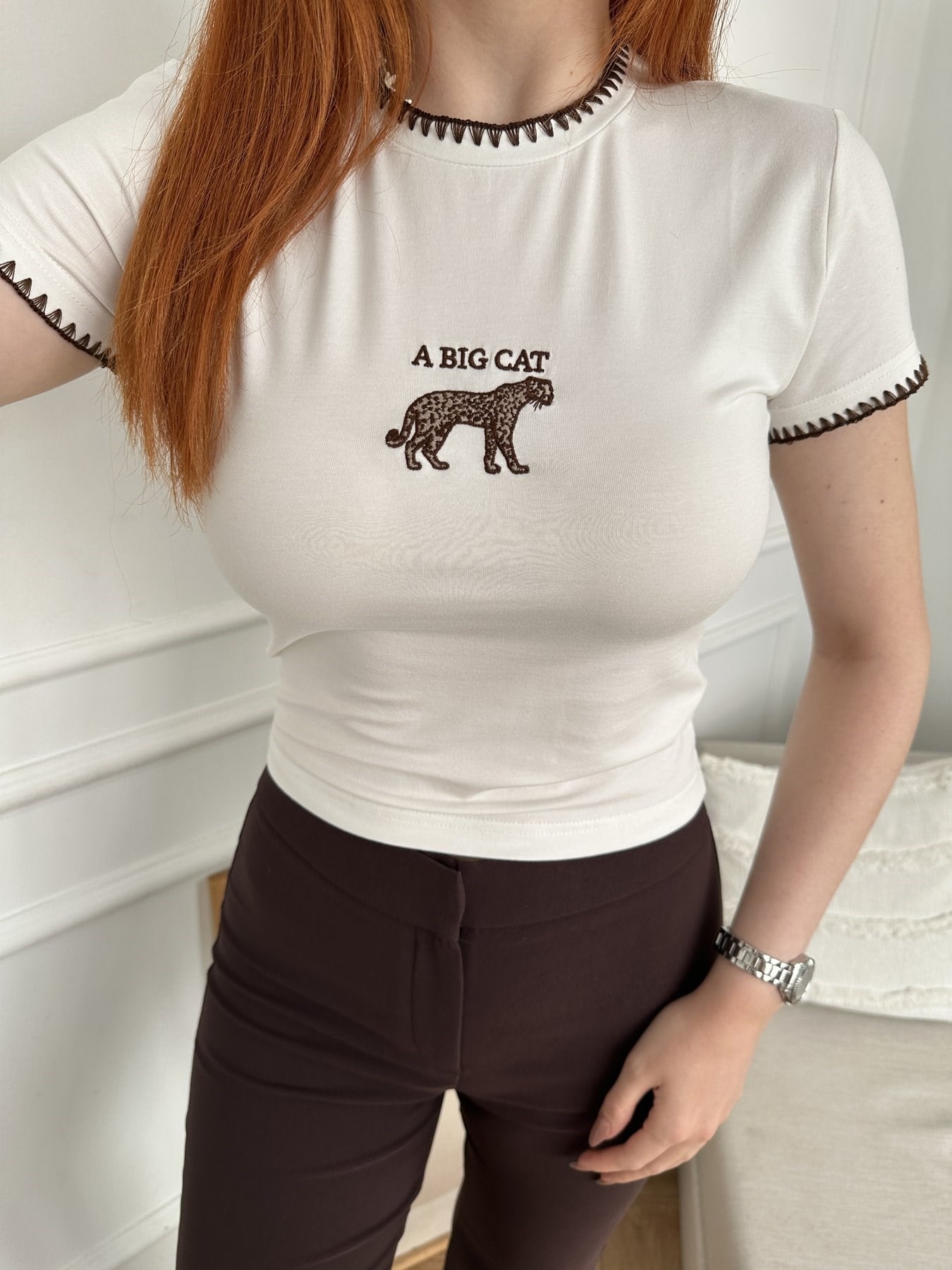 Leopar Nakışlı Crop T-shirt Ekru