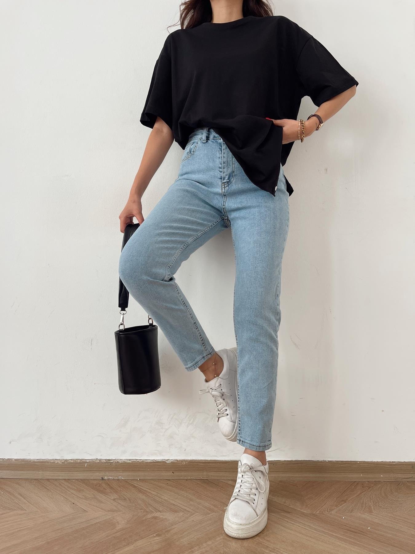 Likralı Mom Jean MAVİ