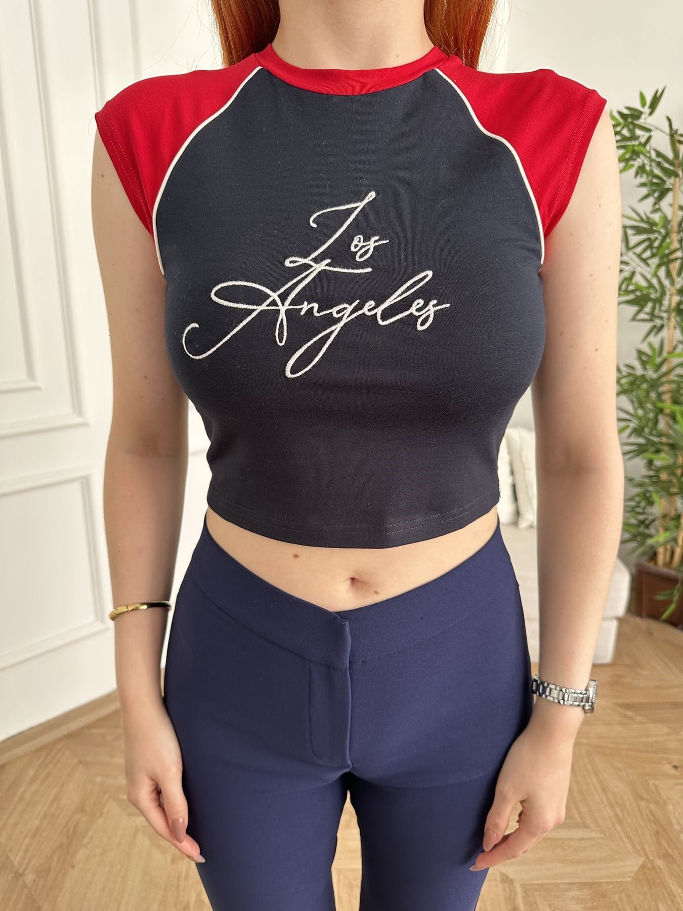 Los Angeles Nakışlı Crop T-shirt Lacivert