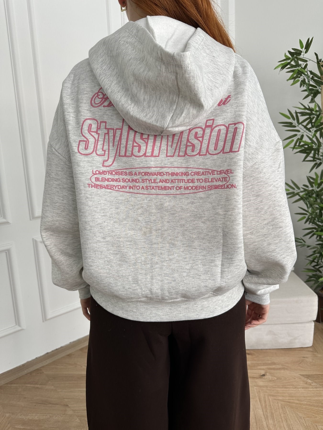 Loud Noises Baskılı Fermuarlı Kapüşonlu Sweatshirt Gri-gümüş