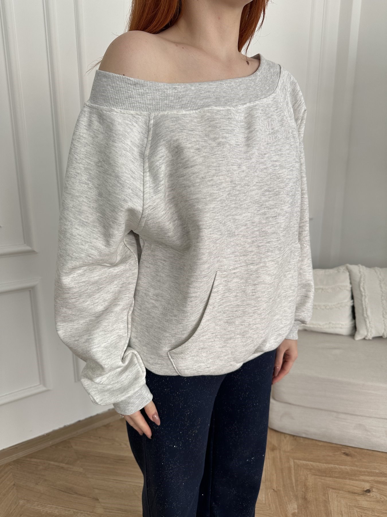 Melek Kanadı Taşlı Oversize Sweatshirt Gri melanj