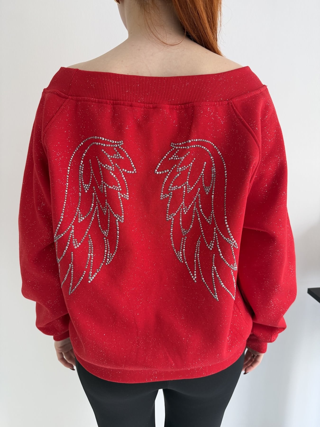 Melek Kanadı Taşlı Oversize Sweatshirt Kırmızı