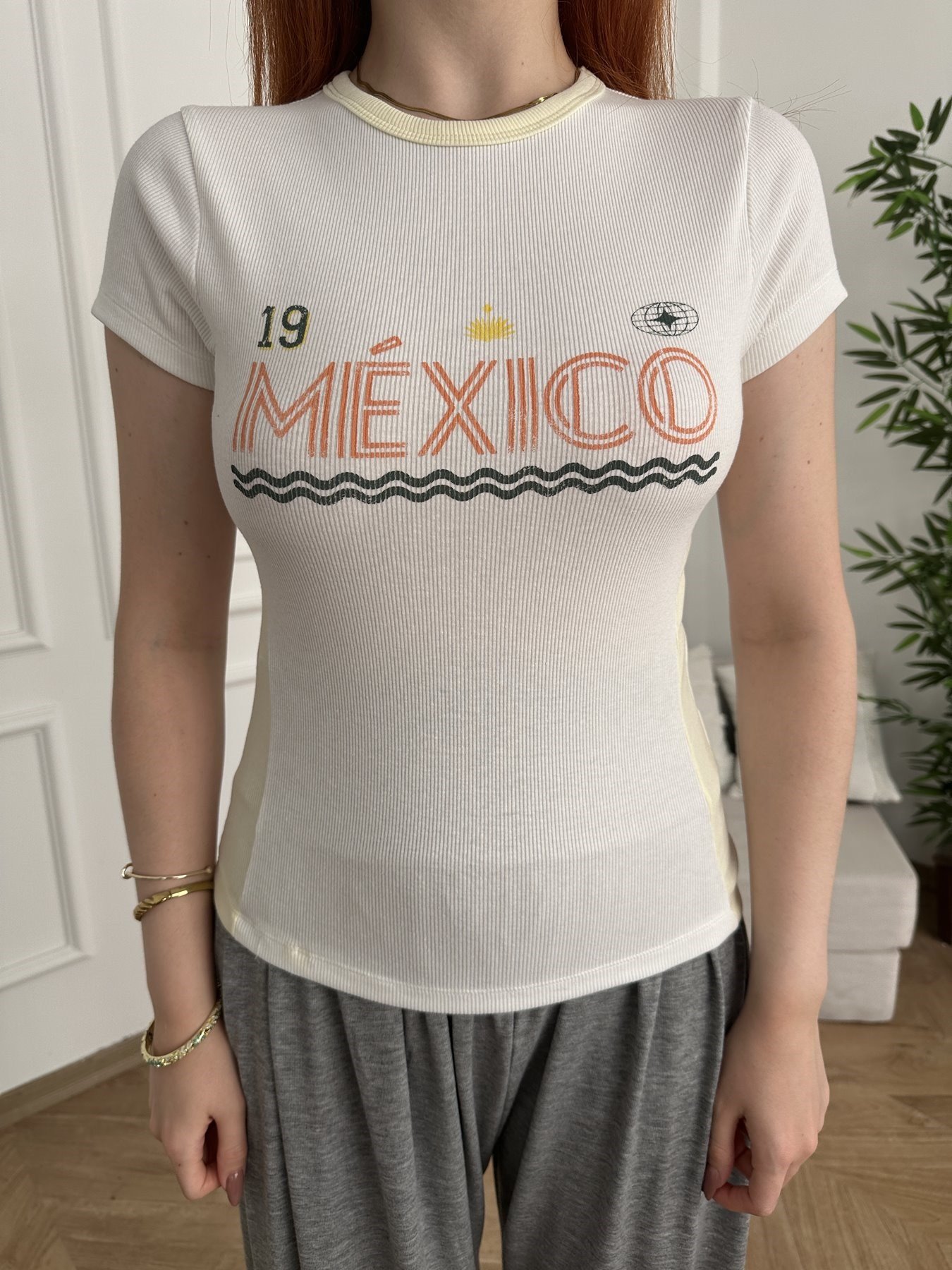 Mexico Baskılı Ribana T-shirt Ekru