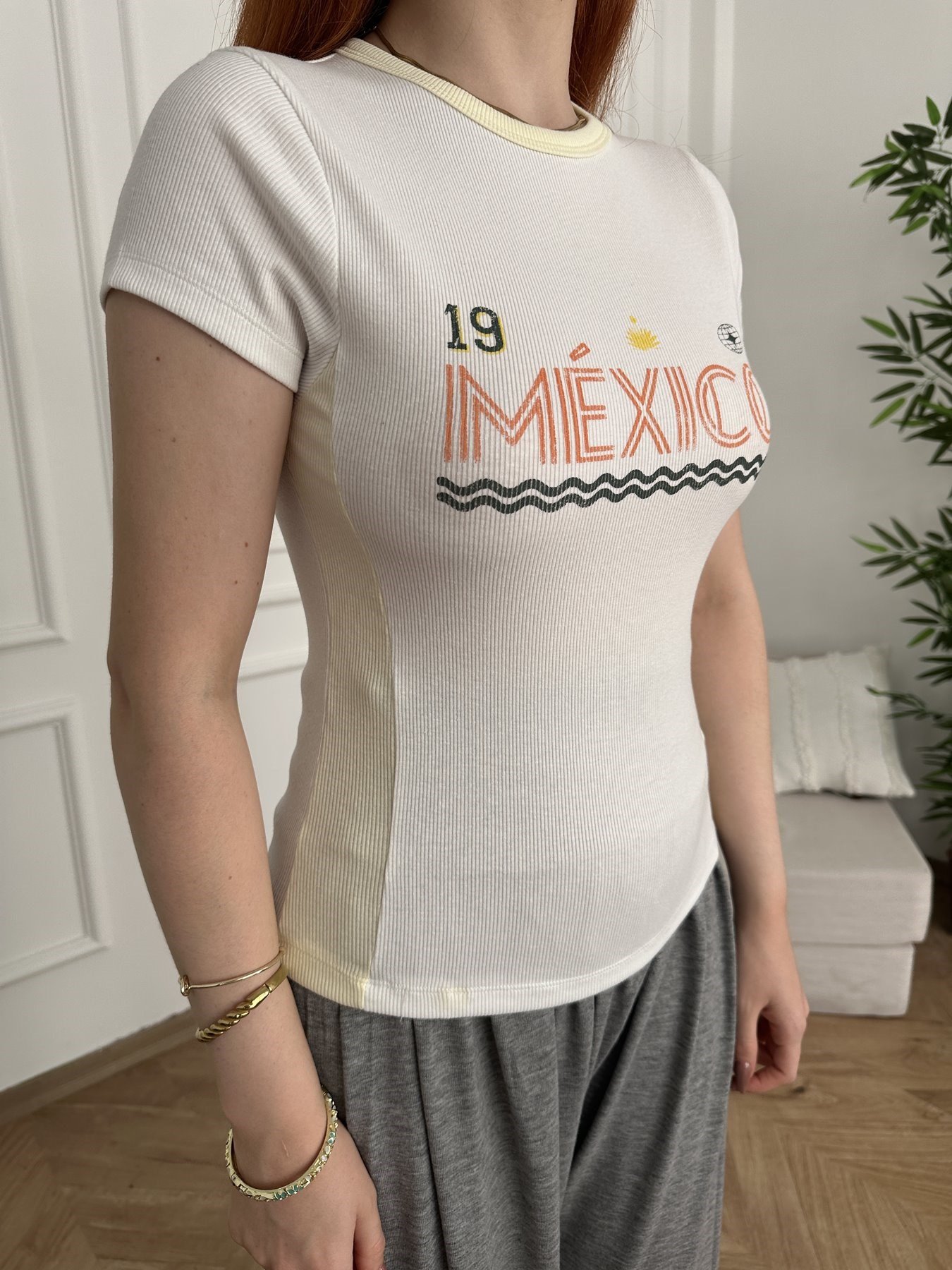 Mexico Baskılı Ribana T-shirt Ekru