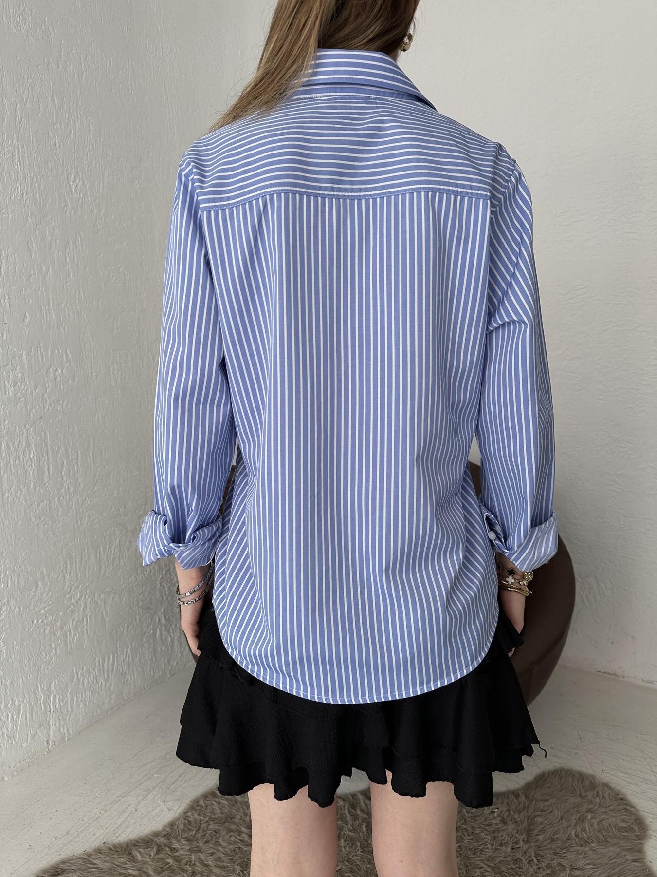 MIU Nakışlı Çizgili Gömlek Mavi-beyaz