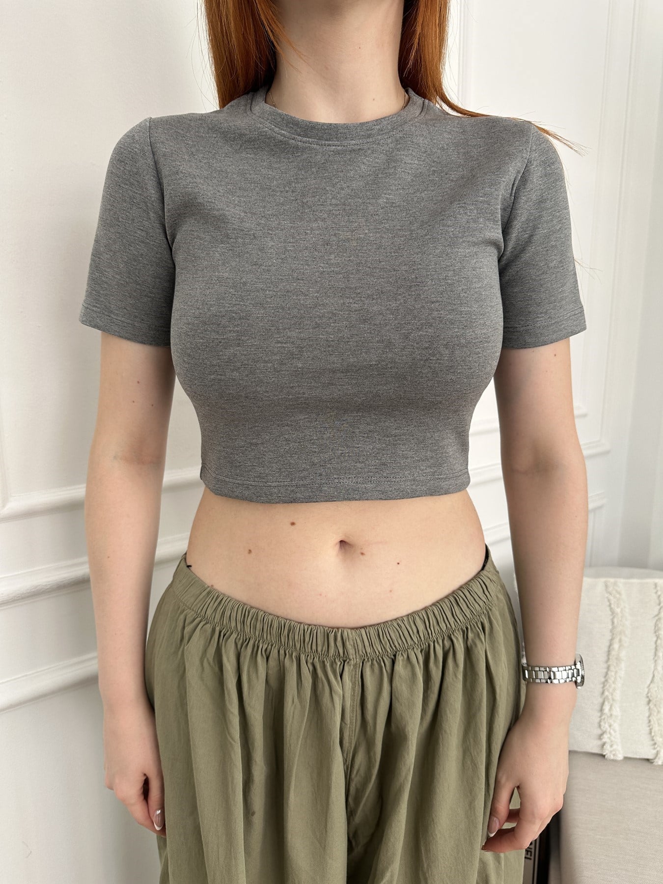 Modal Kumaş Crop Tişört Antrasit melanj