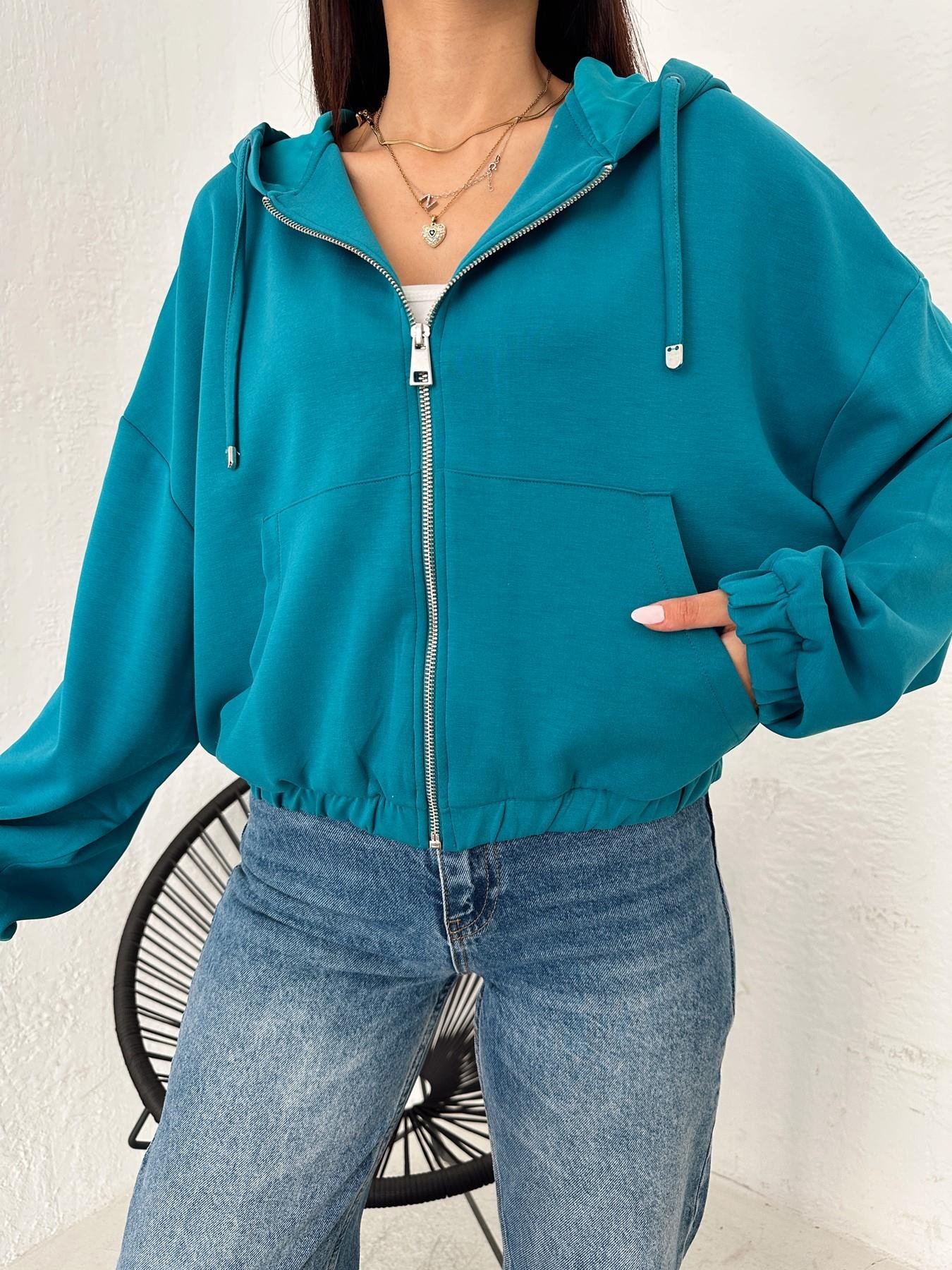 Modal Kumaş Kapüşonlu Sweatshirt PETROL