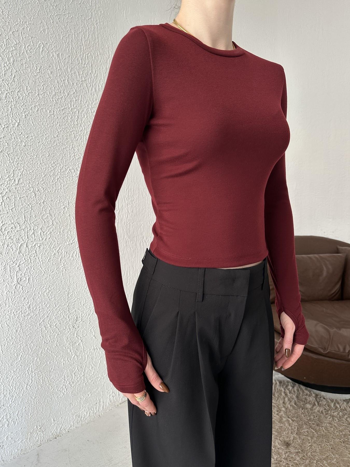 Modal Kumaş Uzun Kollu Bluz BORDO