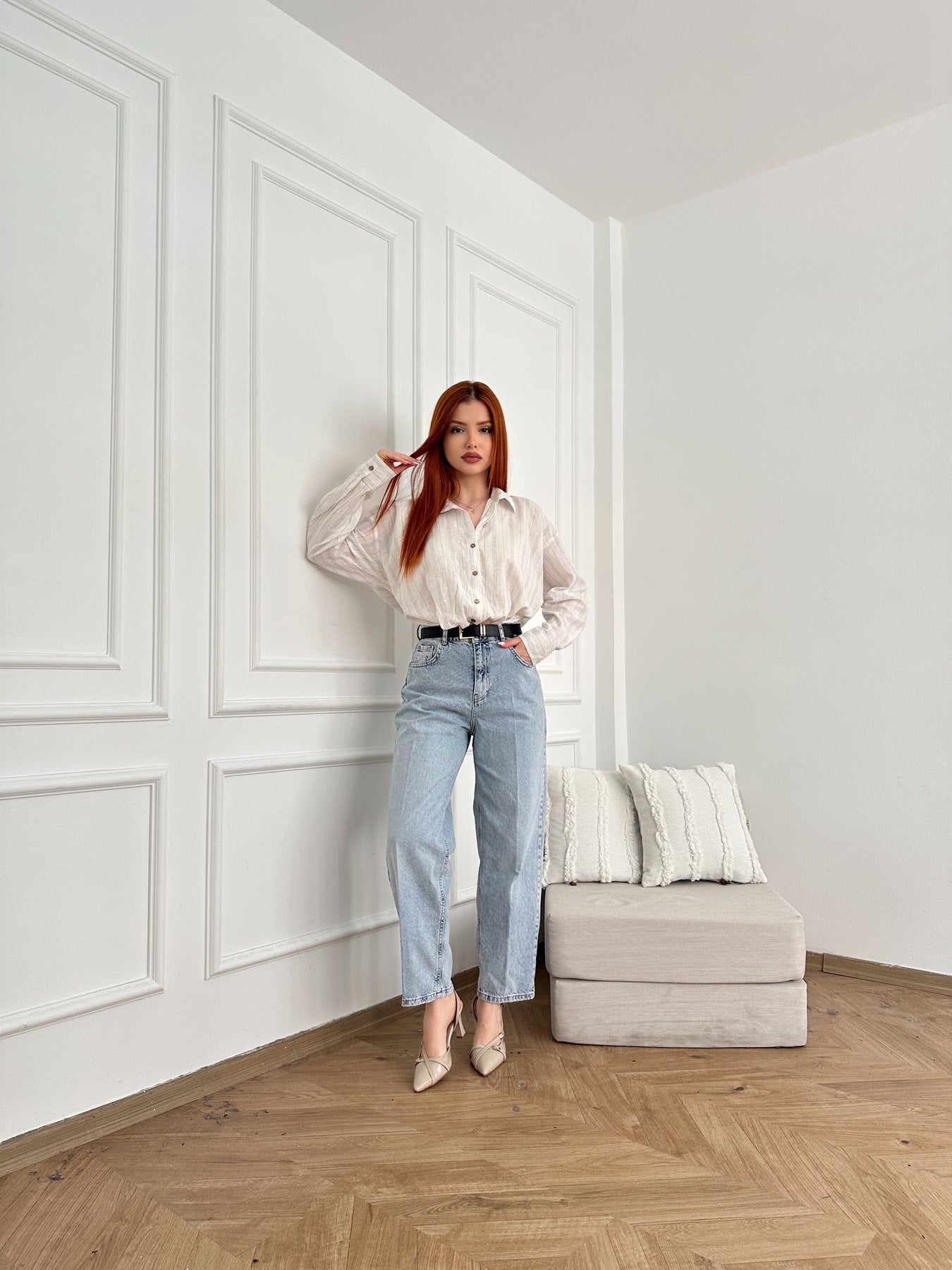 Mom Fit Kemerli Jean Açık mavi