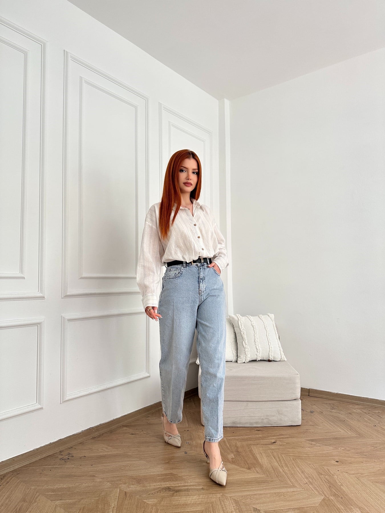 Mom Fit Kemerli Jean Açık mavi