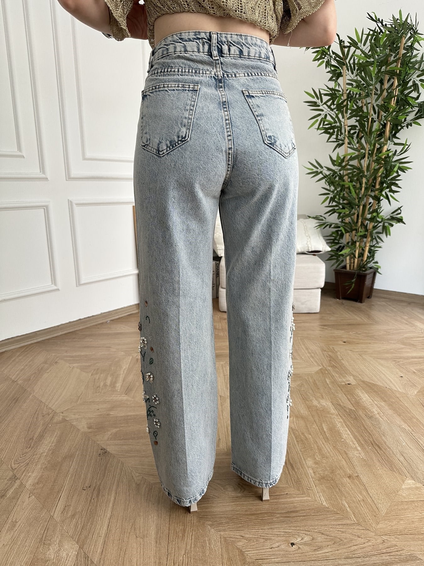 Nakışlı Bol Jean Pantolon Açık kar