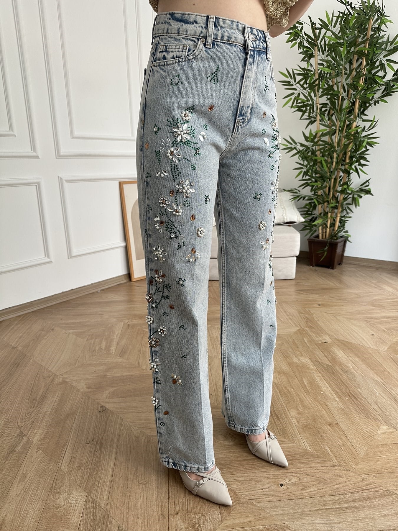 Nakışlı Bol Jean Pantolon Açık kar