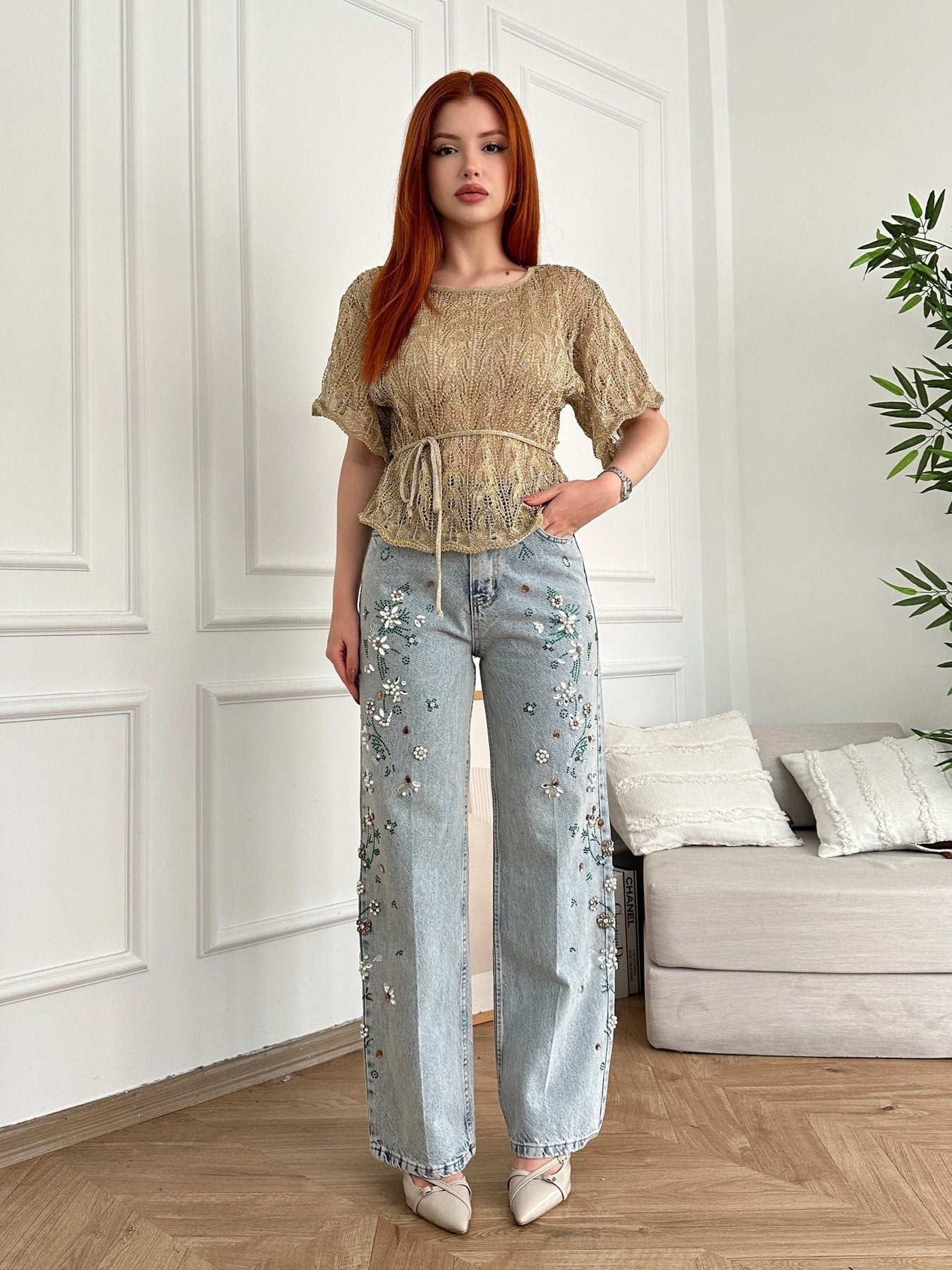 Nakışlı Bol Jean Pantolon Açık kar