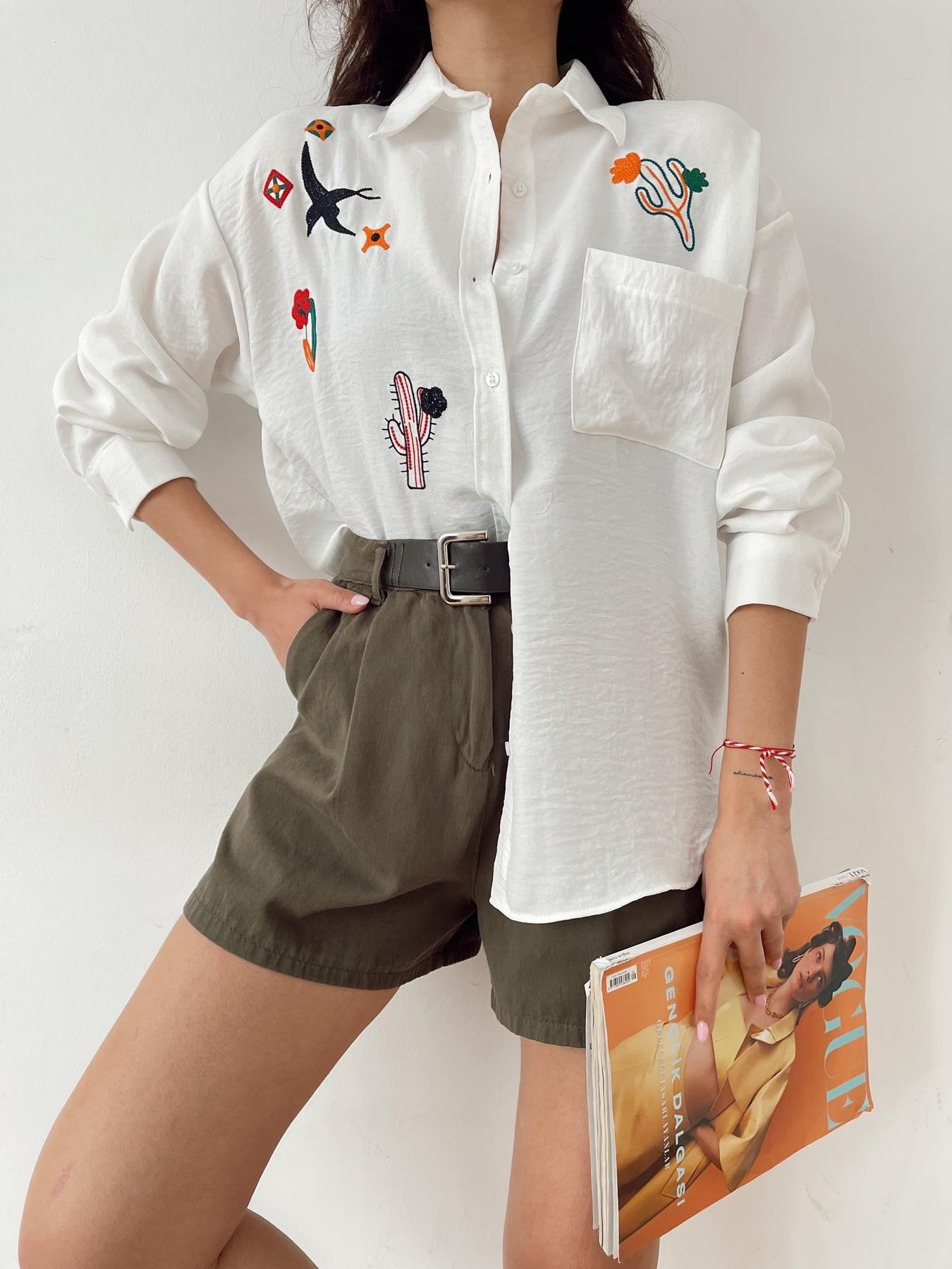 Nakışlı Keten Gömlek BEYAZ