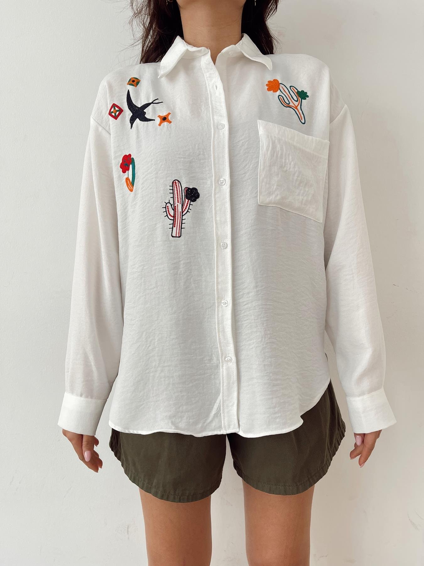 Nakışlı Keten Gömlek BEYAZ
